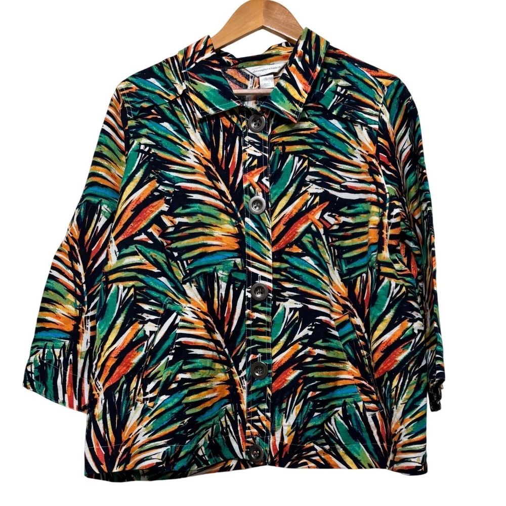 Christopher Banks Womens‎ Linen Blend Jacket Large Multicolor Palm Leaf Tropical